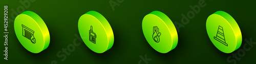 Set Isometric line Fire in burning garage, Walkie talkie, No fire and Traffic cone icon. Vector