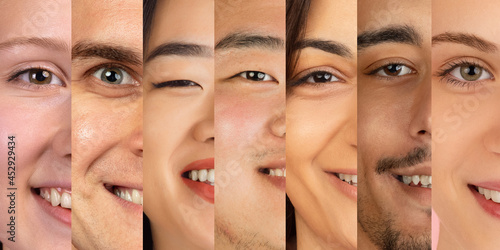 Cropped portraits of young multiethnic men and women on multicolored background. Collage made of 7 models. Concept of youth  unity  equality and diversity