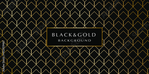 Black and gold background. Abstract luxury background with gold geometric pattern on a black background for your design. Modern design of sites, posters, banners, postcards, printing, EPS10 vector 