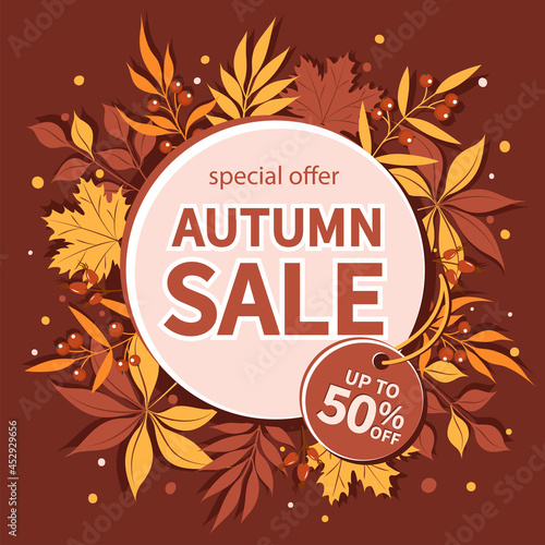 Autumn sale with beautiful bright leaves. Design for sale or promotional poster, flyer, web banner, emplate offer of discounts deals. Vector illustration