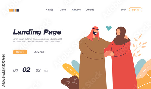 Happy Muslim couple holding hands. Husband and wife in traditional Arabic clothes flat vector illustration. Love, family, relationship concept for banner, website design or landing web page