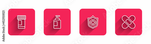 Set line Medicine bottle and pills, Hand sanitizer, Life insurance hand and Crossed bandage plaster with long shadow. Red square button. Vector