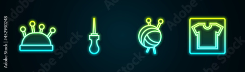 Set line Needle bed and needles, Awl tool, Yarn ball with knitting and Sewing pattern. Glowing neon icon. Vector