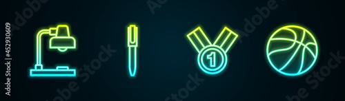 Set line Table lamp, Pen, Medal and Basketball ball. Glowing neon icon. Vector