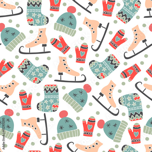 Cute New year and Christmas seamless pattern. Muilticolored background in vector. Hand drawn skates, hats, mittens and felt boots. Gift wrapping paper.