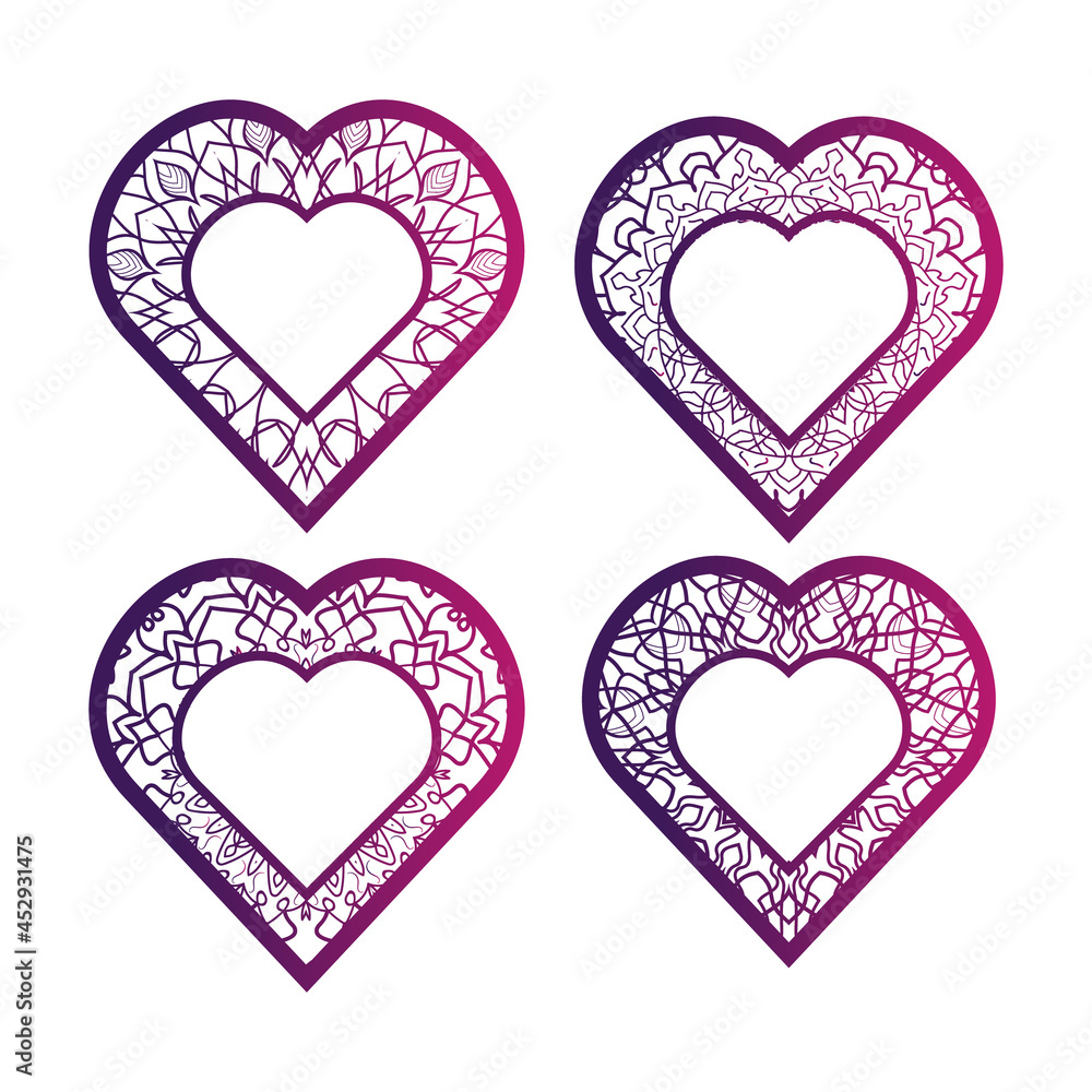 Mandala heart frame monogram collection vector set colorful love illustration