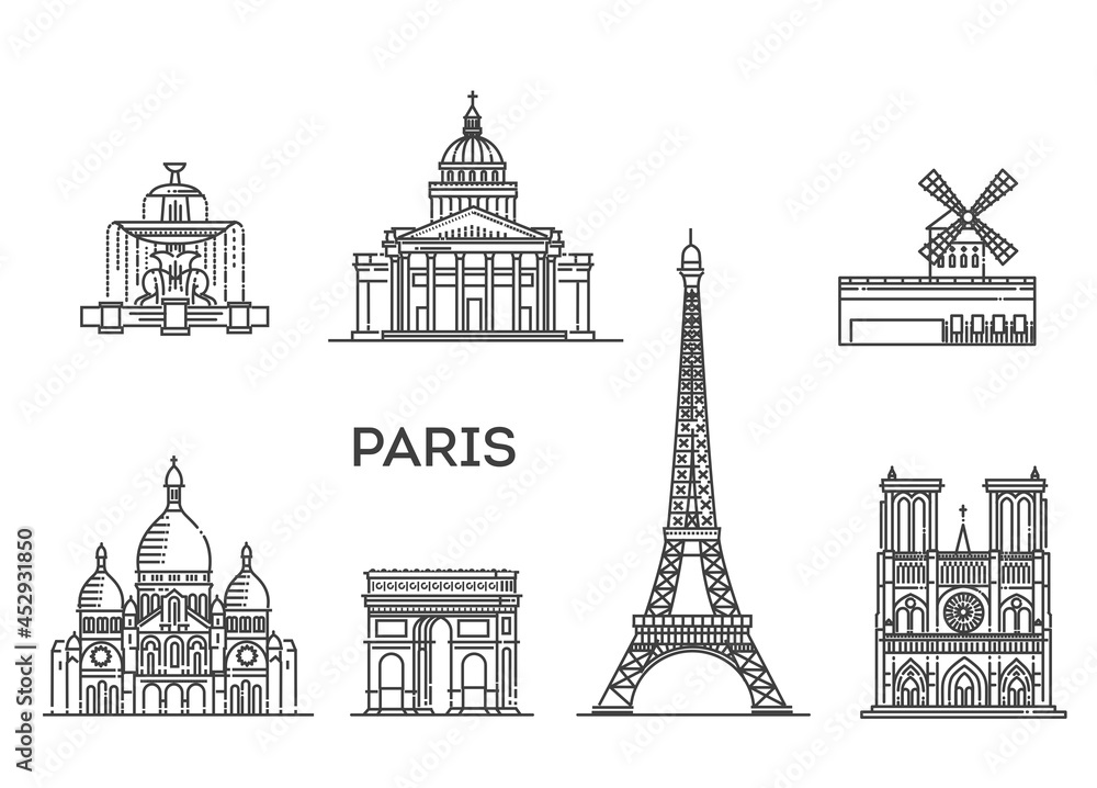 France, Paris architecture line skyline illustration