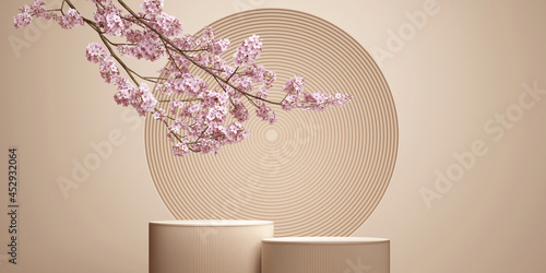 japanese style minimal abstract background .podium with cherry bossom background for branding and product presentation. 3d rendering illustration. photo