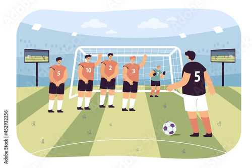 Soccer penalty kick flat vector illustration. Cartoon soccer players and goalkeeper defending goal of their team at stadium. Football, game, sport, championship, shot concept for banner design