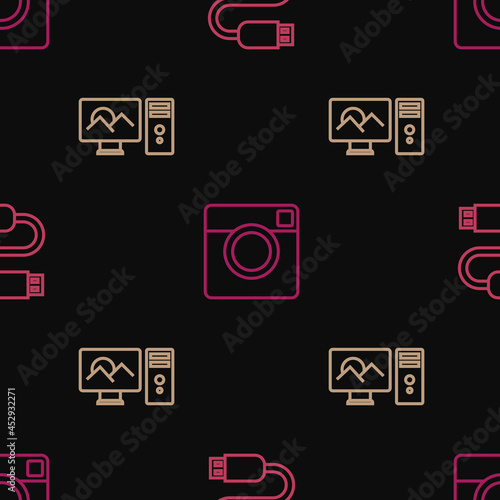Set line USB cable cord, Photo retouching and camera on seamless pattern. Vector