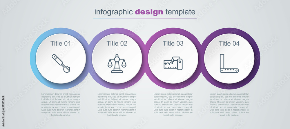 Set line Measuring spoon, Scales of justice, instrument and Corner ruler. Business infographic template. Vector Set line Measuring spoon, Scales of justice, instrument and Corner ruler. Business infographic template. Vector