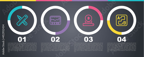 Set line Crossed ruler and pencil, Measuring instrument, Diameter and Route location. Business infographic template. Vector