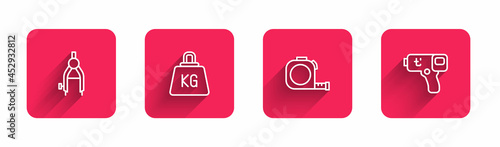 Set line Drawing compass, Weight, Roulette construction and Digital thermometer with long shadow. Red square button. Vector