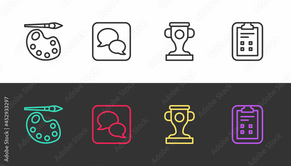 Set line Paint brush with palette, Speech bubble chat, Award cup and Exam sheet check mark on black and white. Vector Set line Paint brush with palette, Speech bubble chat, Award cup and Exam sheet check mark on black and white. Vector