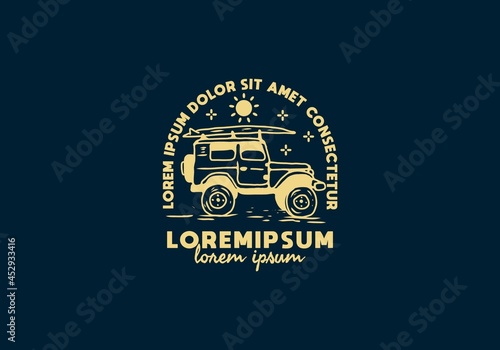 Off road car and surfing board line art drawing with lorem ipsum text
