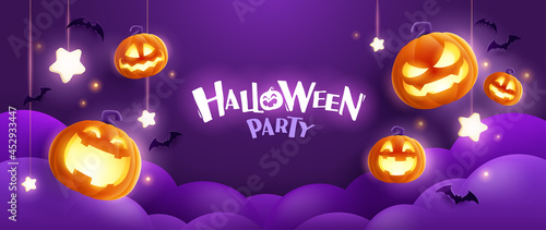 Happy Halloween. Group of 3D illustration glowing pumpkin on treat or trick fun party celebration purple background design.
