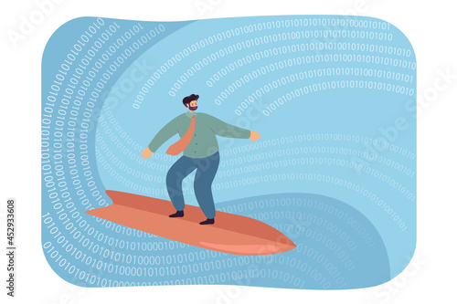 Businessman surfing on digital wave. Flat vector illustration. Person exploring virtual reality full of binary numbers and codes. Surfing, challenge, Internet concept for banner design