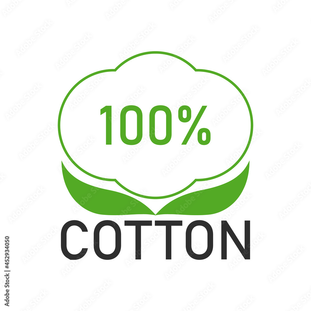 100 percent cotton fabric. Linear vector label and icon on blank background. Isolated drawing. 100 percent cotton fabric. Linear vector label and icon on blank background. Isolated drawing.