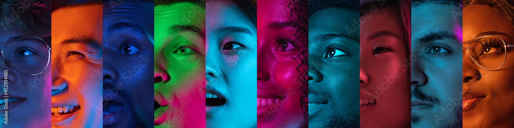 Cropped portraits of group of people on multicolored background in neon light. Collage made of 6 models - obrazy, fototapety, plakaty 