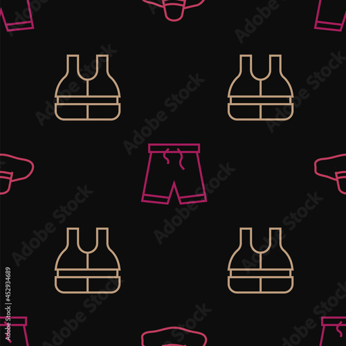 Set line Elegant women hat, Life jacket and Swimming trunks on seamless pattern. Vector