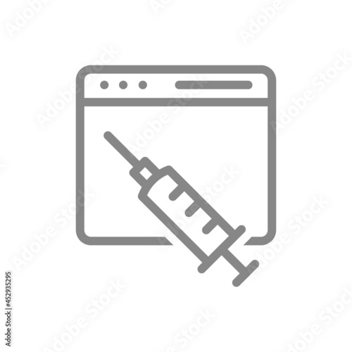 Medical syringe and web page line icon. Vaccination information, immunization, vaccination passport