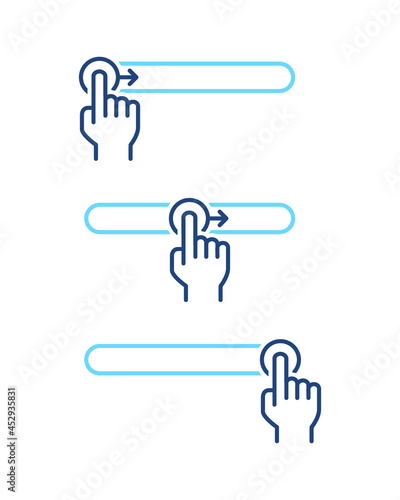 Set of hand button switch blue line icon. Lock and unlock control UI control elements. On, Off toggle slider symbol.