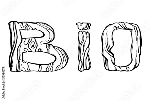 vector bio logo, ecological product designation, ecological business. black and white letters, wood texture