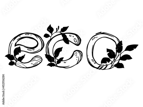 vector ecological logo, ecological product designation, ecological business. black and white letters, with leaves