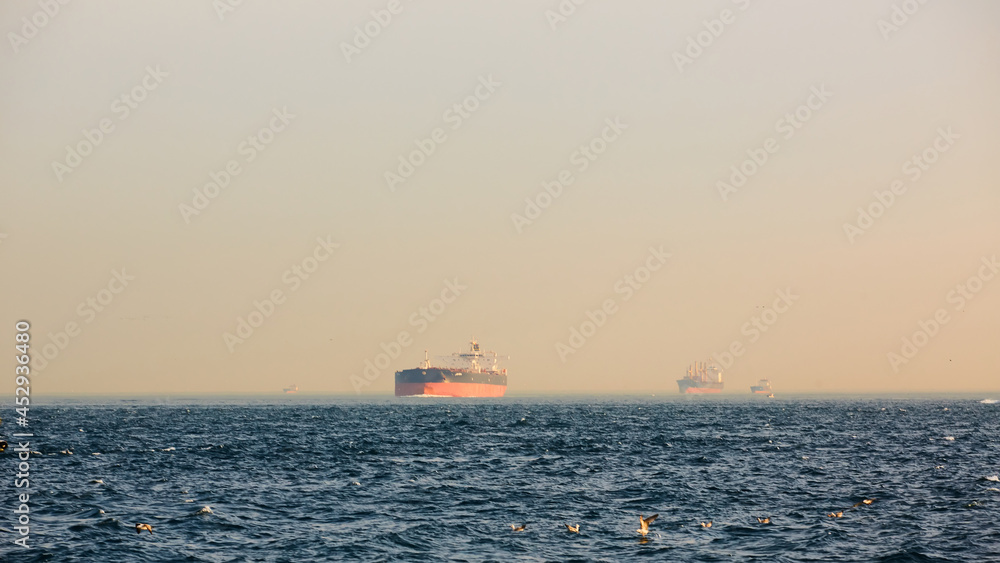 Large cargo container ship passing through Bosphorus, Istanbul, Turkey.