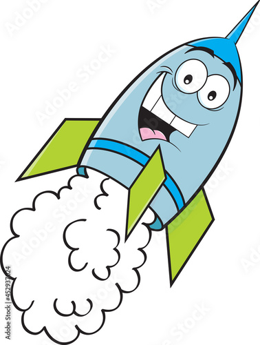 Cartoon Illustration of a happy smiling rocket ship taking off.