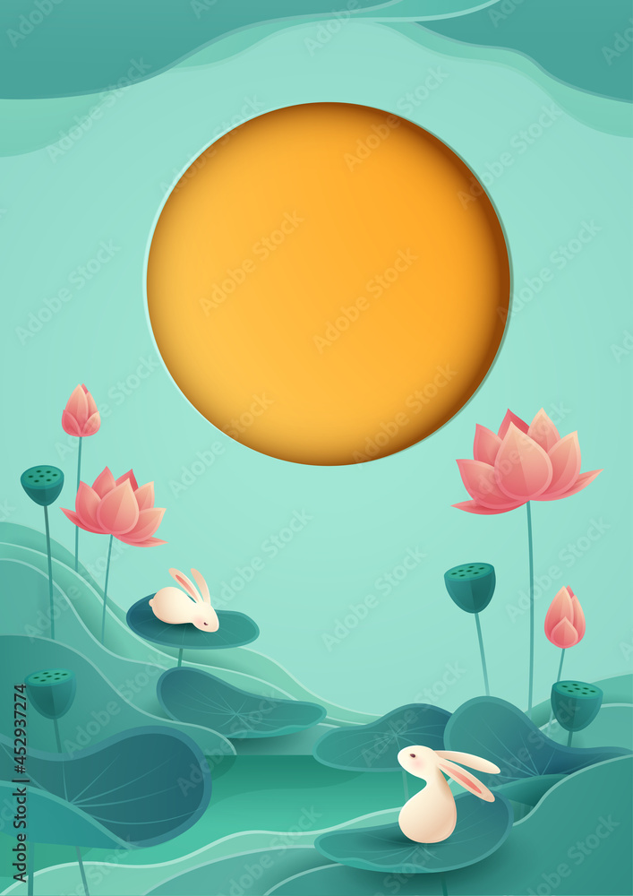Paper graphic of Mid Autumn Mooncake Festival theme with oriental lotus ...