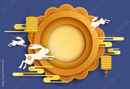 Paper graphic of Mid Autumn Mooncake with oriental flower and cute rabbits. Wide copy space for design.