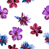 Pink Watercolor Print. Blue Flower Palm. Lavender Seamless Set. Purple Hibiscus Illustration. Pattern Texture.Tropical Textile. Fashion Decor.Art Set.