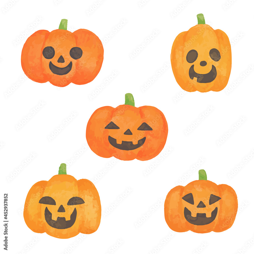 色鉛筆で手描き風 色々な表情のハロウィンのかぼちゃイラストセット 色鉛筆で手描き風 色々な表情のハロウィンのかぼちゃイラストセット