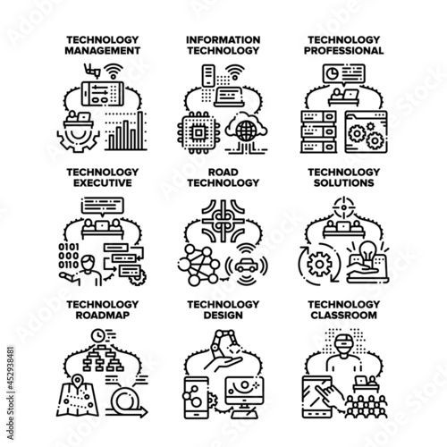 Technology Solution Set Icons Vector Illustrations. Technology Solution And Professional Management, Classroom Information And Road System, Design And Roadmap. Tech Innovation Black Illustration