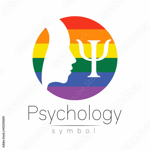 Modern head Logo sign of Psychology. Profile Human in rainbow color. Letter Psi. Creative style. Symbol in vector. Design concept. Brand company. Isolated on white background. Icon for web, logotype.