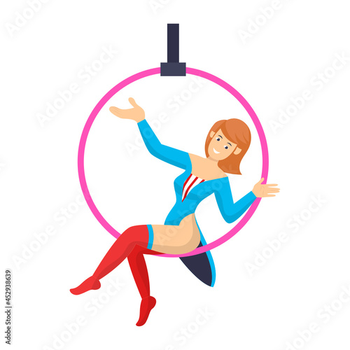 Gymnast on a ring in circus under a dome Concept, Acrobat Ring Vector Icon Design, Circus characters Symbol, Carnival performer Sign, Festival troupe Stock illustration