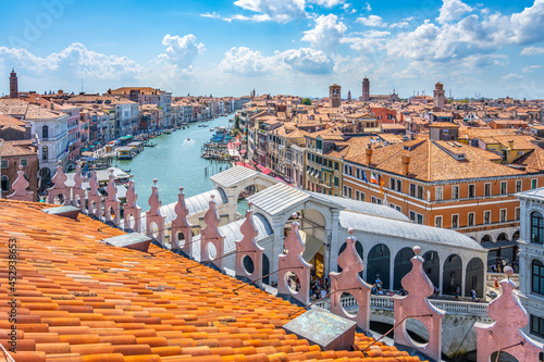 Rialto Bridge above Grand Canal. View from rooftop lookout terrace of the Fondaco dei Tedeschi. Venice, Italy photo