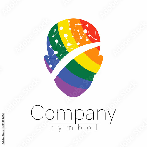 Fototapeta Naklejka Na Ścianę i Meble -  Vector logo symbol of human head. Person face. Rainbow color isolated on white. Concept logotype sign for business, science, psychology, medicine, technology, LGBT. Creative sign design Man silhouette
