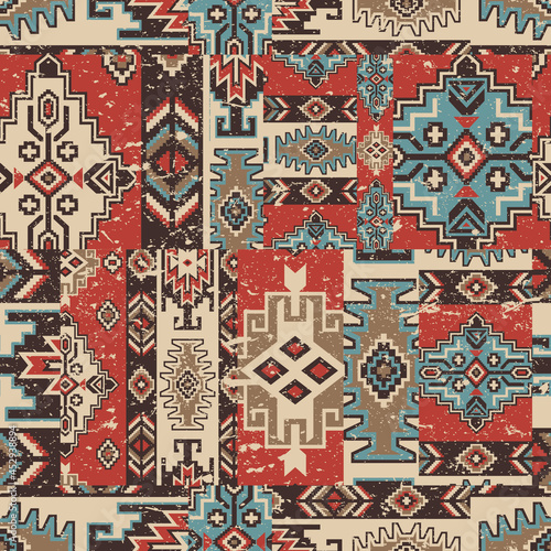 Native American traditional fabric patchwork  vintage vector seamless pattern