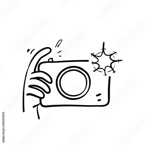 hand drawn doodle camera and flash light icon illustration vector isolated