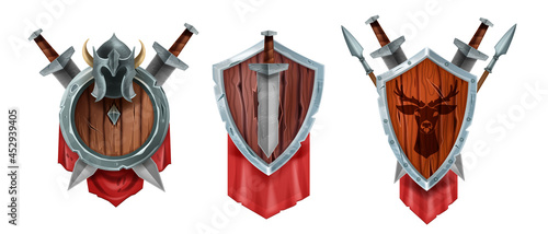 Game badge vector icon rank illustration set, medieval wooden trophy shield kit, knight sword, helmet. Battle adventure award symbol, heraldic warrior prize fantasy coat of arms concept. UI game badge
