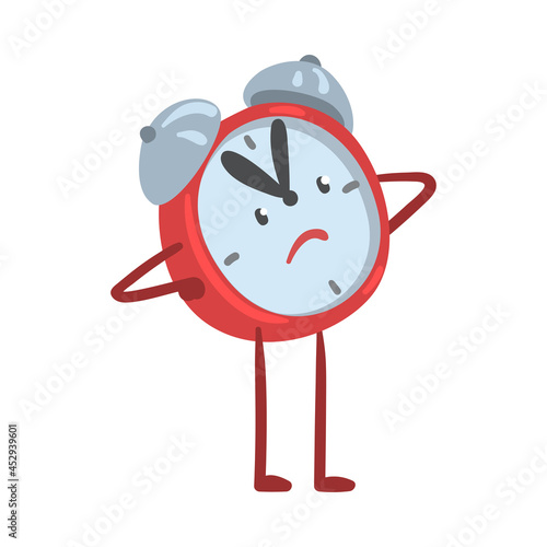 Red Frowning Alarm Clock Character Standing with Arms on Hips Vector Illustration