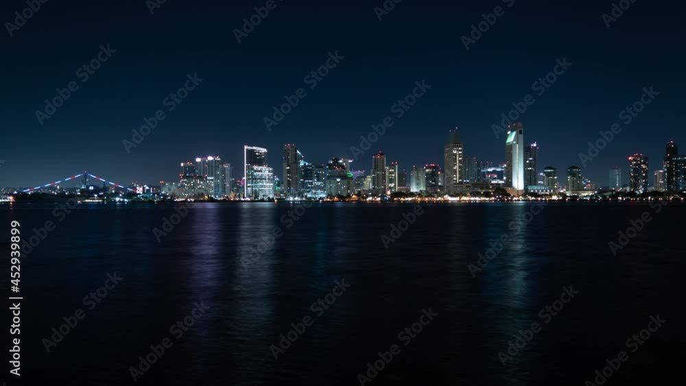 San Diego Downtown Skyline Reflections Panorama from Coronado Island Tilt Up Night Time Lapse California USA San Diego Downtown Skyline Reflections Panorama from Coronado Island Tilt Up Night Time Lapse California USA