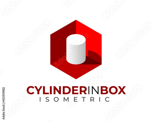 white 3D 3 Dimensional isometric cylinder barrel inside red hexagon box with light and shadow