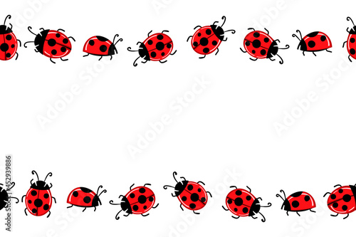Cartoon cute colorful ladybird mascot. Ladybags with an empty table. Vector character. Insect icon. Holiday template design for invitation, cards, wallpaper, school, kindergarten. Copy space
