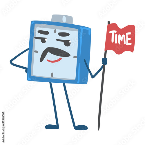 Blue Alarm Clock Character Holding Pole with Flag Vector Illustration