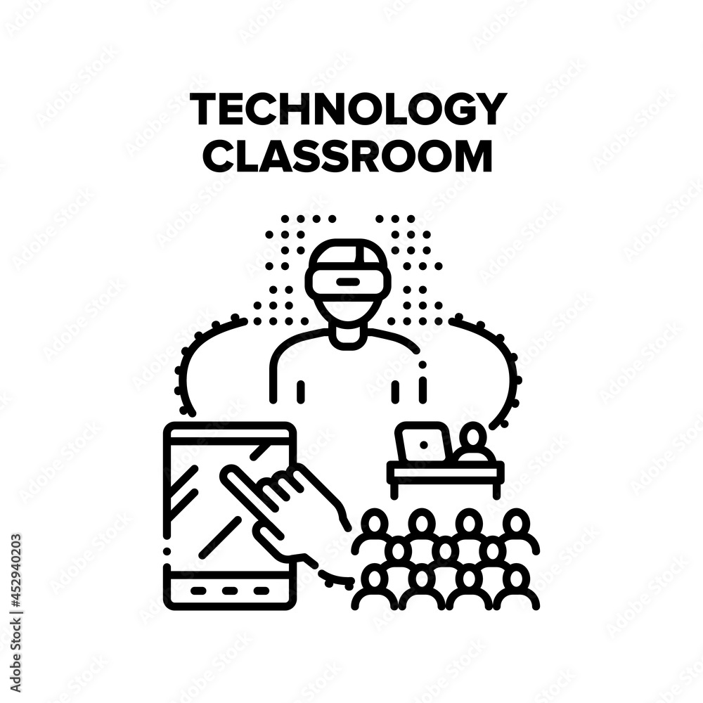 Technology Classroom Vector Icon Concept. Technology Classroom For Studying School Or University Subject. Digital Tablet And Virtual Reality Glasses Device For Learning Lesson Black Illustration