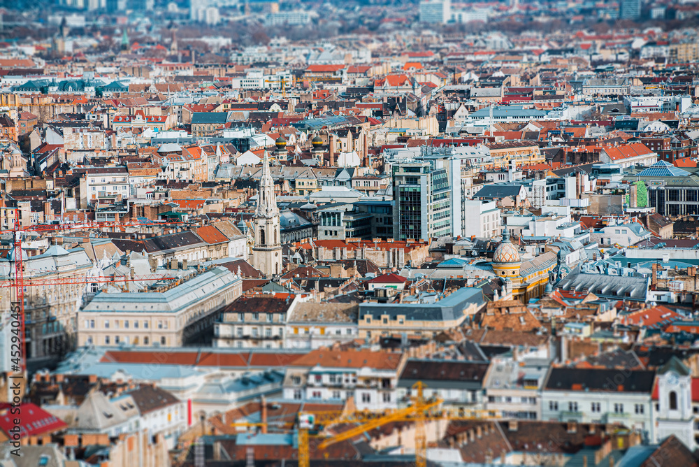 Elevated view of Budapest cityscape with tilt and shift effect. Hungary