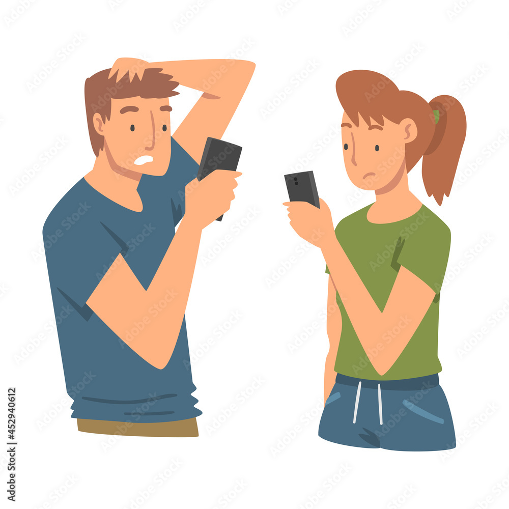 Sad Man and Woman with Smartphone Feeling Negative Emotion Suffering from Bullying in Social Media Vector Illustration Sad Man and Woman with Smartphone Feeling Negative Emotion Suffering from Bullying in Social Media Vector Illustration